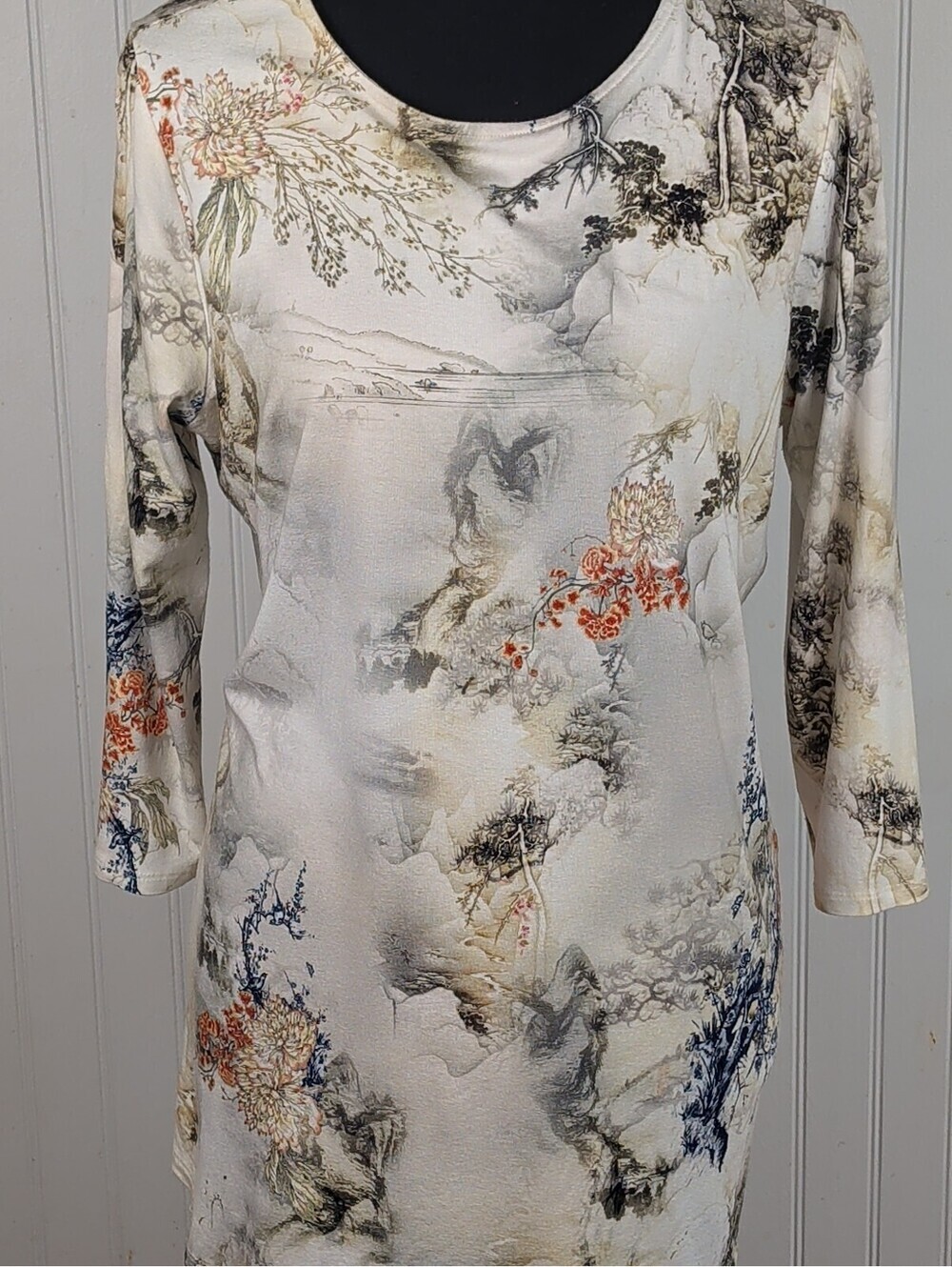 Lisette L Montreal Watercolor Scenic Landscape 3/4 Sleeve Tunic Top Medium